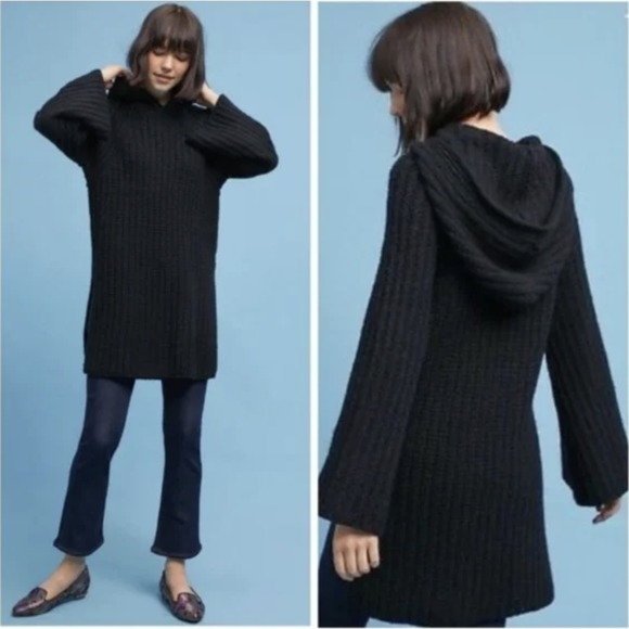 Anthropologie Tops - Anthropologie Moth Flared Sleeve Cotton & Wool Hooded Chunky Knit Tunic Sweater